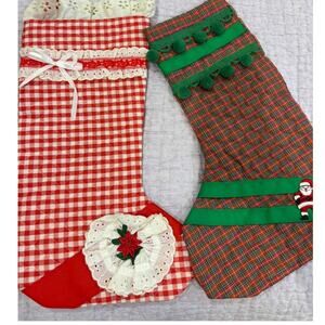 Vintage Handmade Christmas Stockings Plaid & Gingham, Set of 2